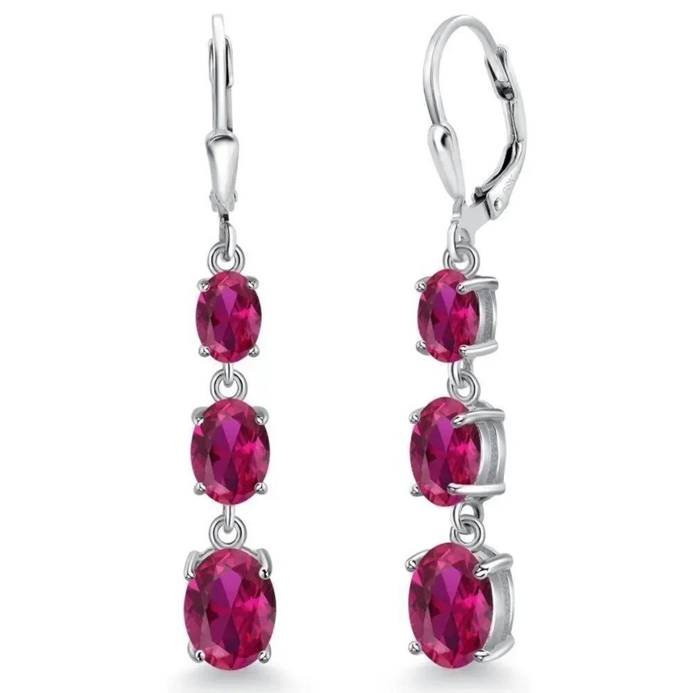 925 Sterling Silver with 5.40 Cttw 3 Stone Ruby Dangling Leverback Drop Earrings